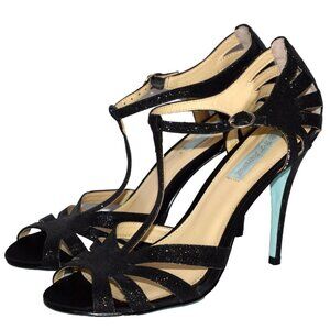 Betsey Johnson Tee Black Glitter Sparkle Stiletto Heels Sandals T Strap Shoe 8.5